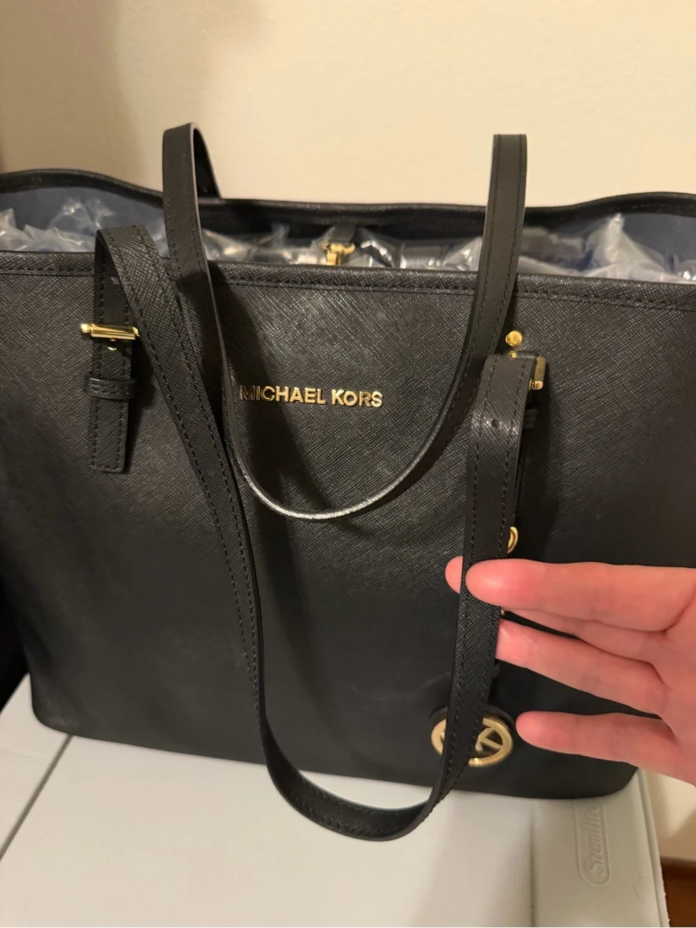 Michael Kors Black Jet Set Saffiano Leather Tote with Gold Hardware